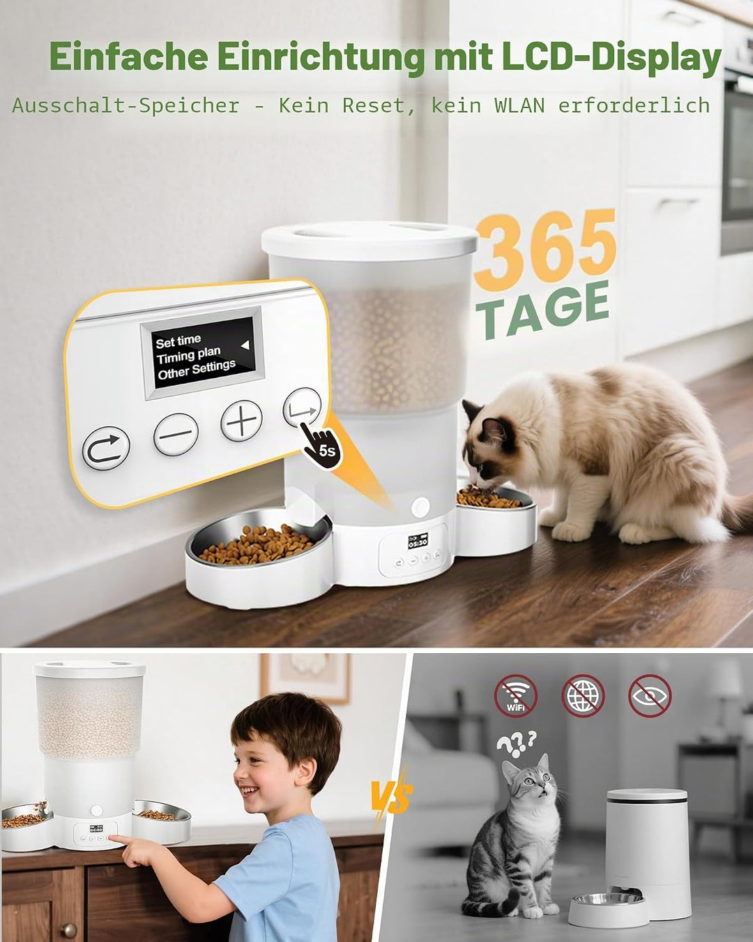 Gimars 5L Futterautomat Katze 2 Näpfe mit LCD-Anzeige Einfache Einrichtung, Programmierbar für 1–6 M