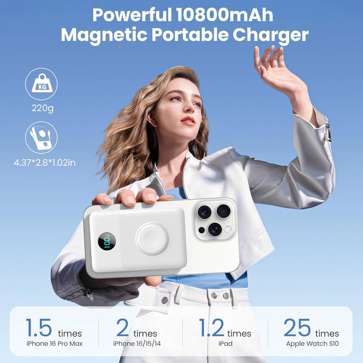 Magnetische Power Bank mit Ladekabel für MagSafe, 10800mAh Wireless PowerBank mit i-Watch Ladegerät,