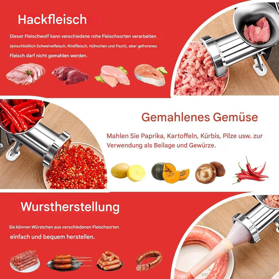 Hand Fleischwolf,Schwere Manuelle Lebensmithle,Handbetriebener Fleischwolf Mit 3 Wurstfülltüllen - F