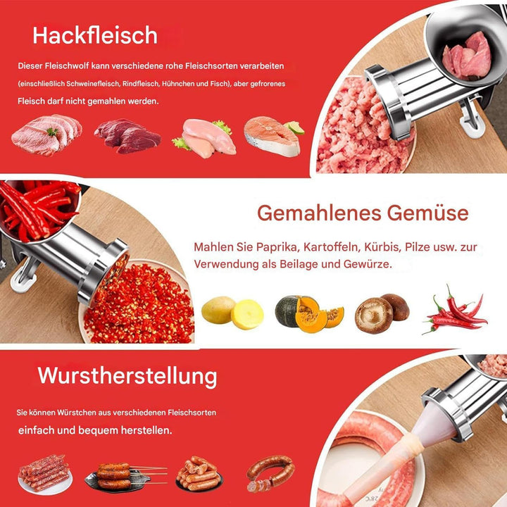 Hand Fleischwolf,Schwere Manuelle Lebensmithle,Handbetriebener Fleischwolf Mit 3 Wurstfülltüllen - F