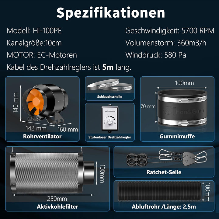 Hon&Guan Abluftset 100mm, Rohrventilator 100mm mit Drehzahlregler, Aktivkohlefilter Grow, Gummikuppl