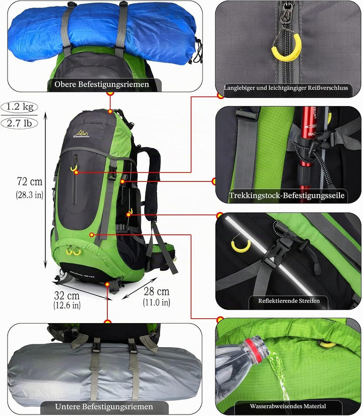 70L Trekkingrucksack Campingrucksack Reiserucksack Wanderrucksack Grosser Rucksack für Damen Herren