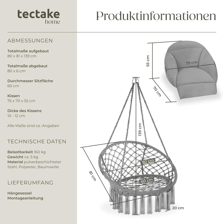 tectake® Hängesessel, Hängeschaukel mit dicken Kissen & Quasten, Boho Hängekorb Ø 80 cm, Hängesessel