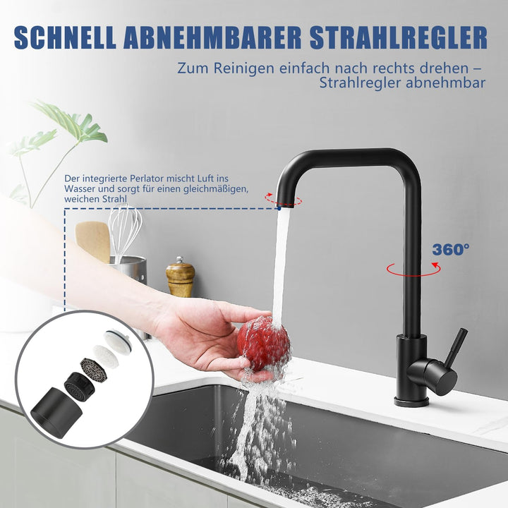 Küchenarmatur aus Edelstahl, 360° drehbarer L-förmiger Einhebelmischer, Einloch Wasserhahn für Spüle