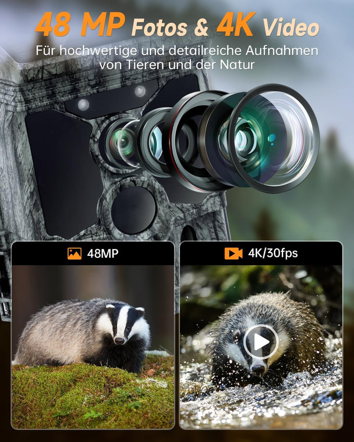 Rollei Wildkamera 4K WiFi Solar, 48MP 4K Wildtierkamera mit Handyübertragung App & Bewegungsmelder N