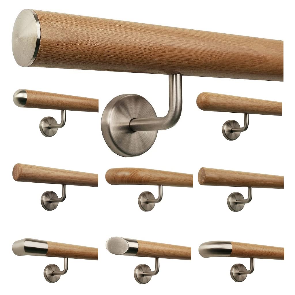 TIBU Eiche Holz Handlauf Geländer 0,3m - 6m, Länge 100 cm, Ende leicht gewölbte Edelstahlkappe und 2