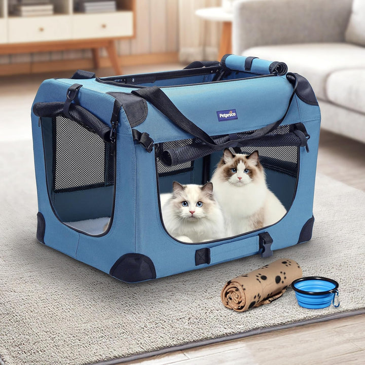 Petprsco Transportbox für Haustiere, weiche Seiten, für Katzen, kleine Hunde, 3-türig, weich, faltba