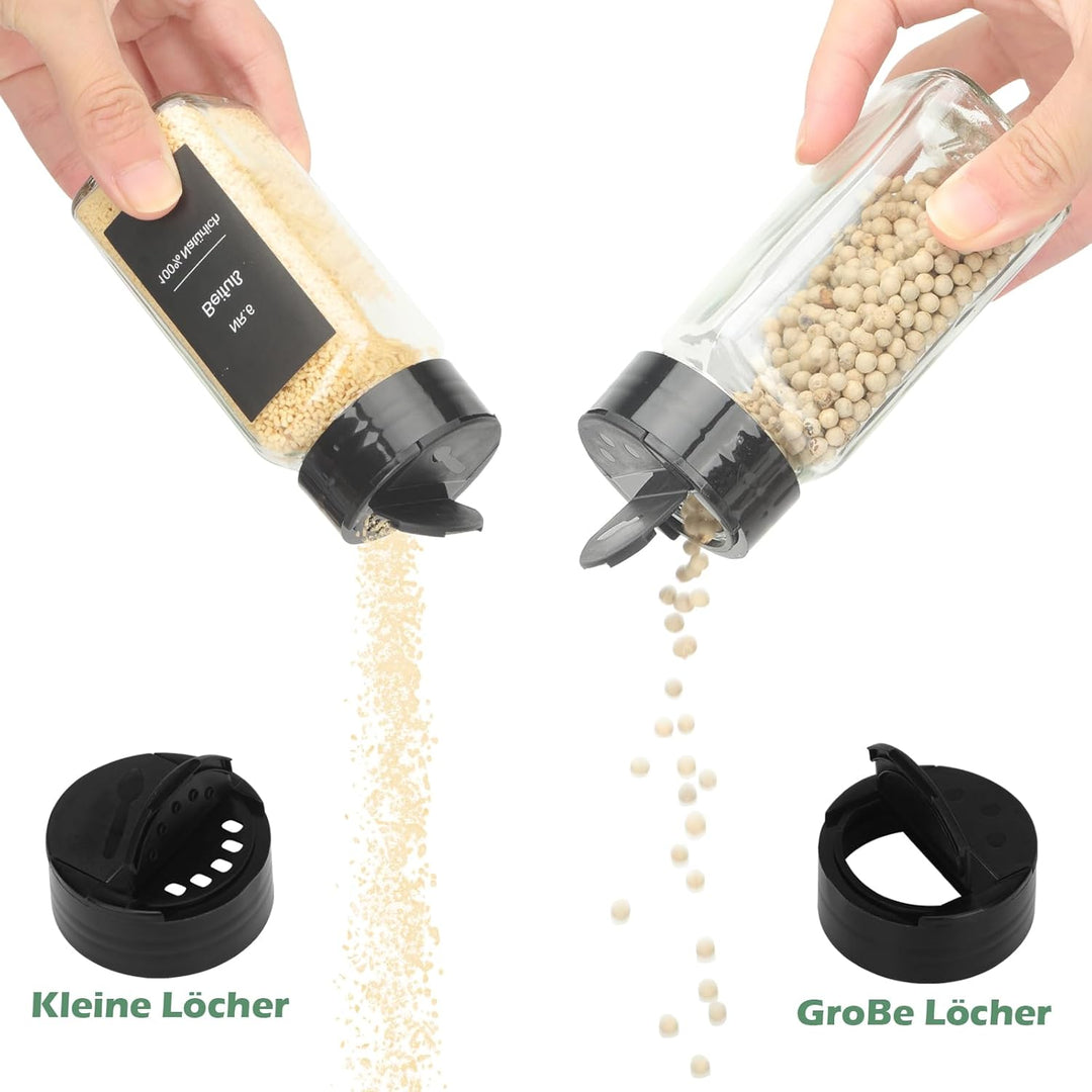 Withosent 24er Gewürzgläser Doppelkopf Schwarz Deckel, 120ml Gewürzdosen Glas Gewürzstreuer mit 144