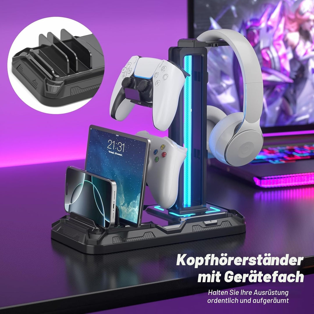 KDD Headset Halterung Led mit Ladestation - PS5 Controller Halter & Kopfhörer Ständer Tisch mit 9 Li