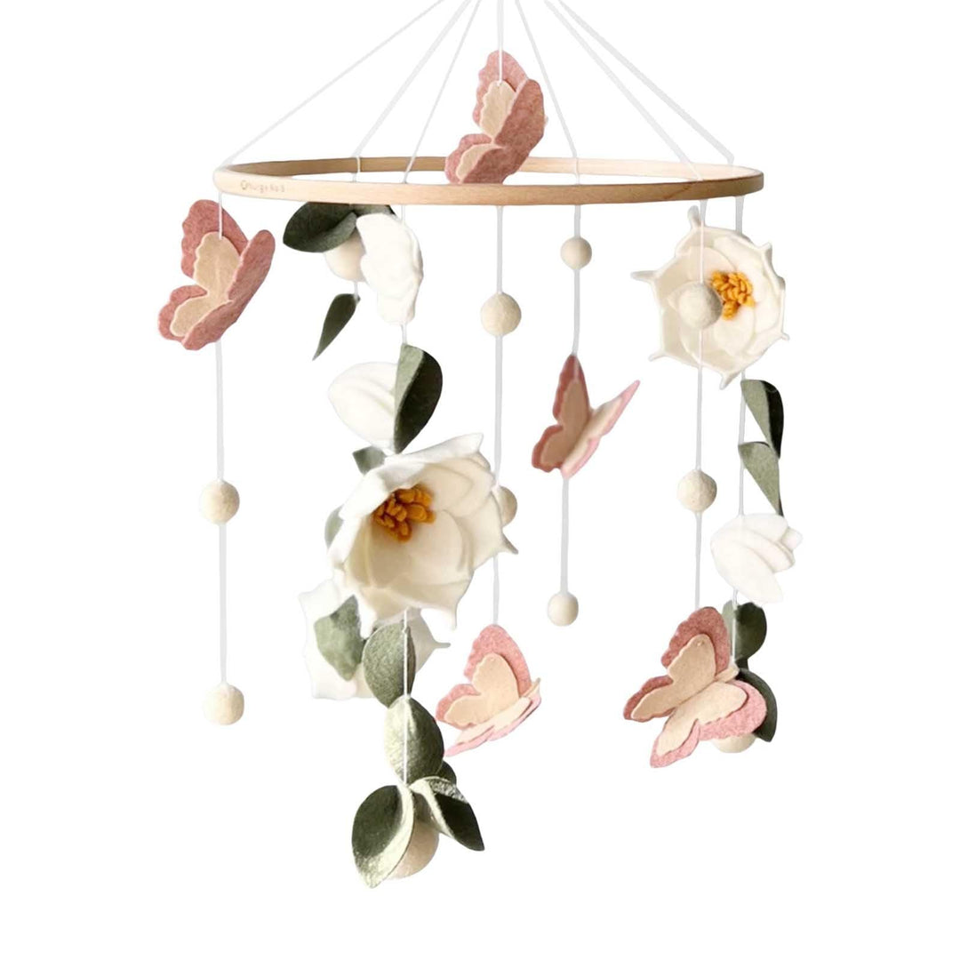 Hängedeko Blumen & Schmetterlinge aus Filz, Boho Mobile Deko mit Holzring, Wand- & Fensterdekoration