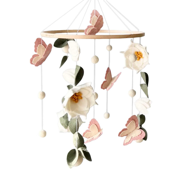 Hängedeko Blumen & Schmetterlinge aus Filz, Boho Mobile Deko mit Holzring, Wand- & Fensterdekoration