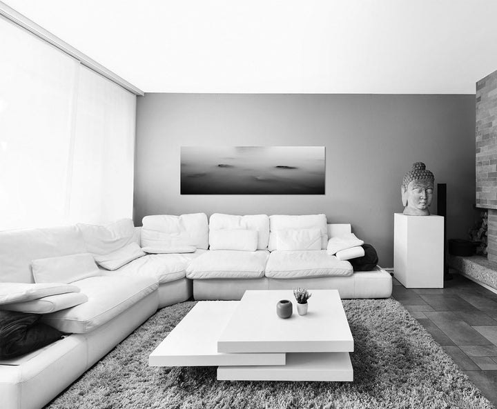Paul Sinus Art Panoramabild auf Leinwand und Keilrahmen 150x50cm See Insel Steine Baum Nebel Dunst