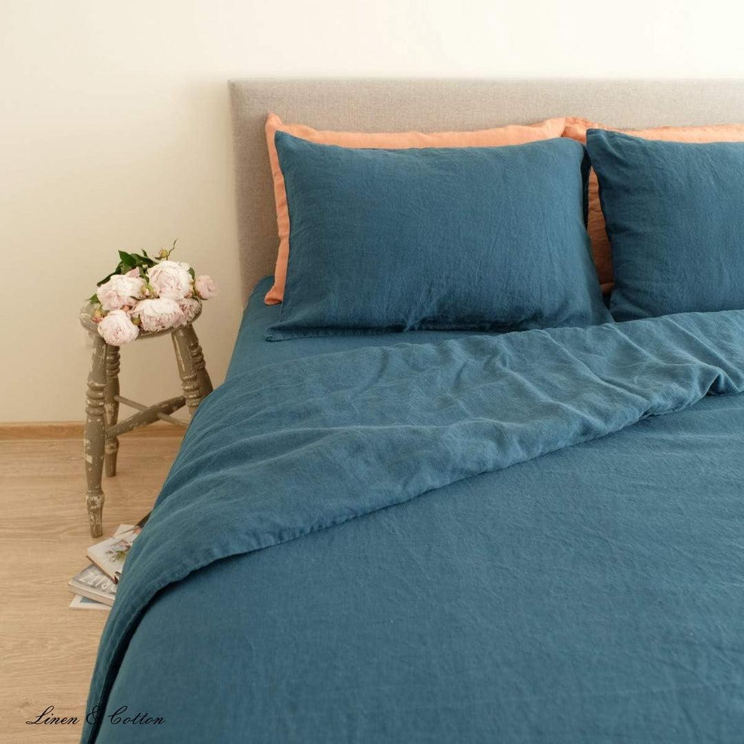 Linen &amp; Cotton Weicher Griff Bettwäsche Set Alicia -100% Leinen Gewaschen, Petrol Blau (140 x 200 cm