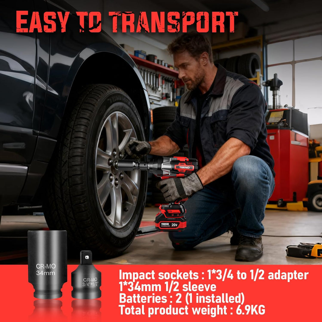 TEENO 3/4 Zoll Akku-Schlagschrauber Brushless, 1600 N·m Drehmoment, 2×4,0 Ah Akkus, Adapter 3/4" auf