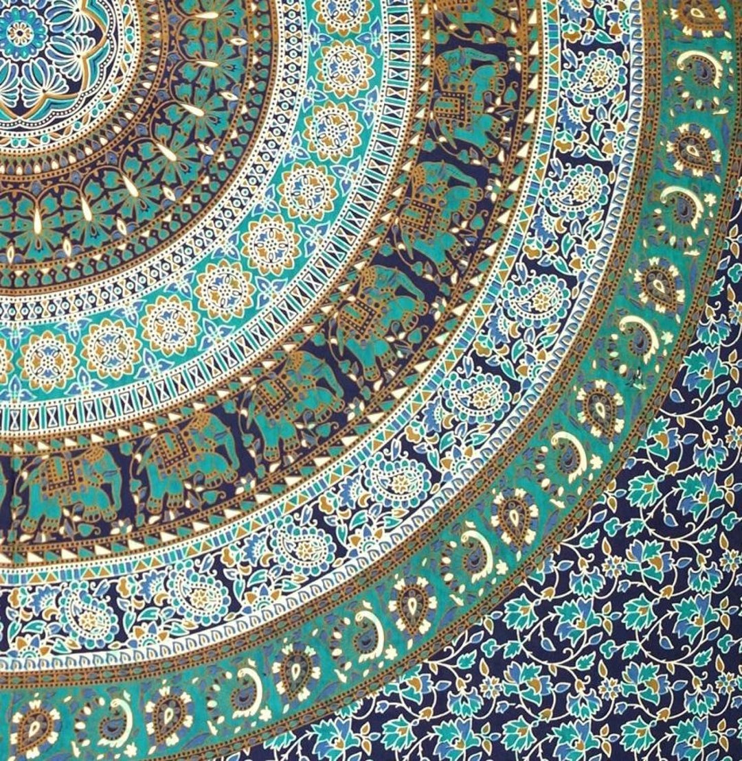 GURU SHOP Boho-Style Wandbehang, Indische Tagesdecke Mandala Druck- Blau/grün, Mehrfarbig, Baumwolle