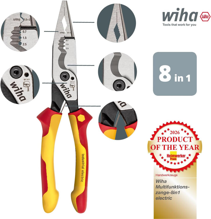 Wiha Multifunktionszange für Elektriker 8in1 I Crimpen, Abisolieren, Schneiden, Greifen, Entgraten,