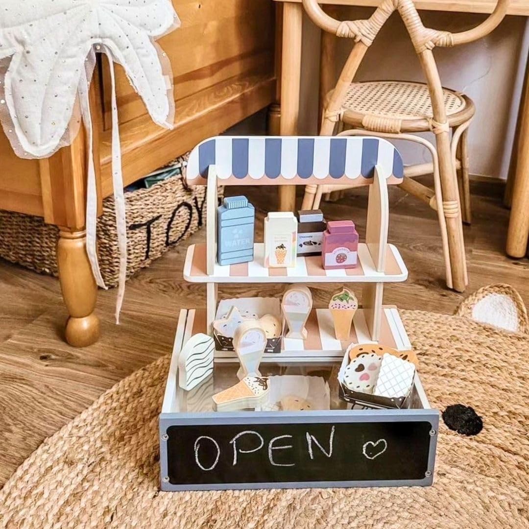 Mamabrum Holz-Konditorei für Kinder - Klappbarer Café-Laden mit Zubehör, Rollenspiel-Set für kreativ