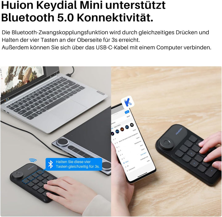 HUION Bluetooth 5.0 Keydial Mini K20, KD100 2.0 Kabellose Tastatur mit Dial Controller + 18 Benutzer