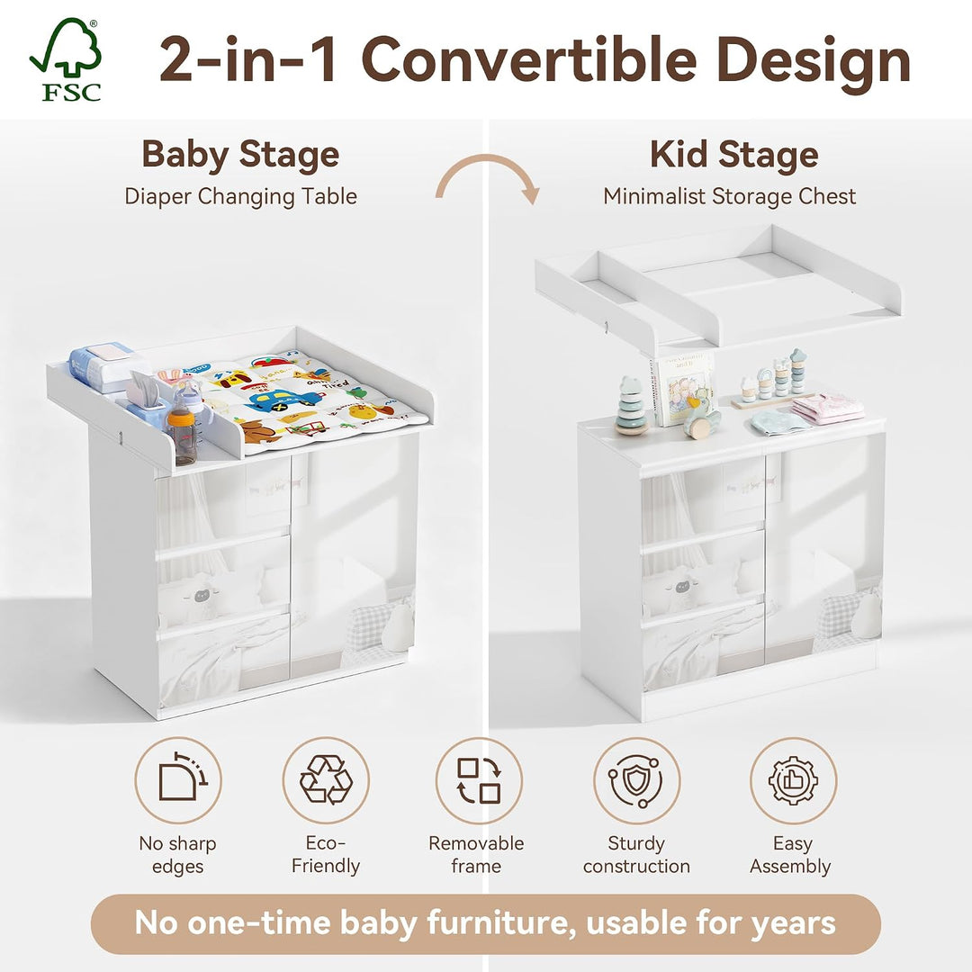 Wickelkommode mit Wickelaufsatz, Wickeltisch mit 3 Schubladen, Baby Kommode Abnehmbarem, Babyschrank