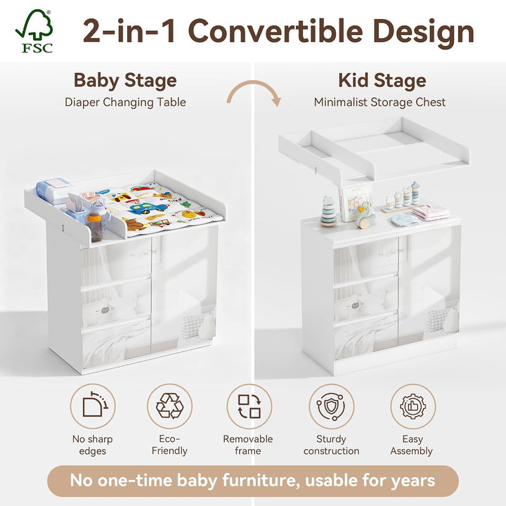 Wickelkommode mit Wickelaufsatz, Wickeltisch mit 3 Schubladen, Baby Kommode Abnehmbarem, Babyschrank