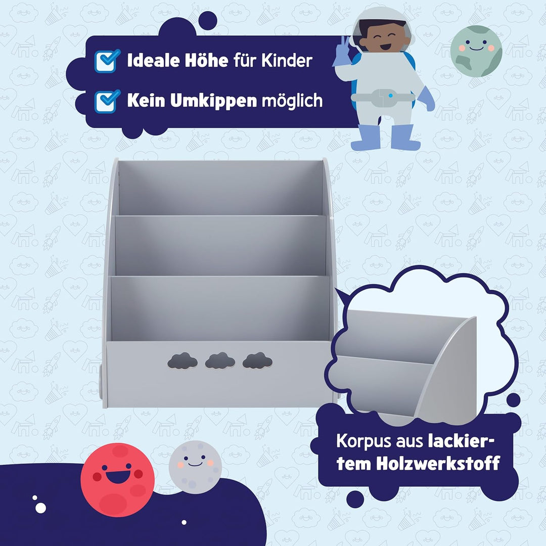 KHG Bücher-Standregal grau für Kinder mit 3 offenen Fächern, freistehendes Kinderregal für Bücher un
