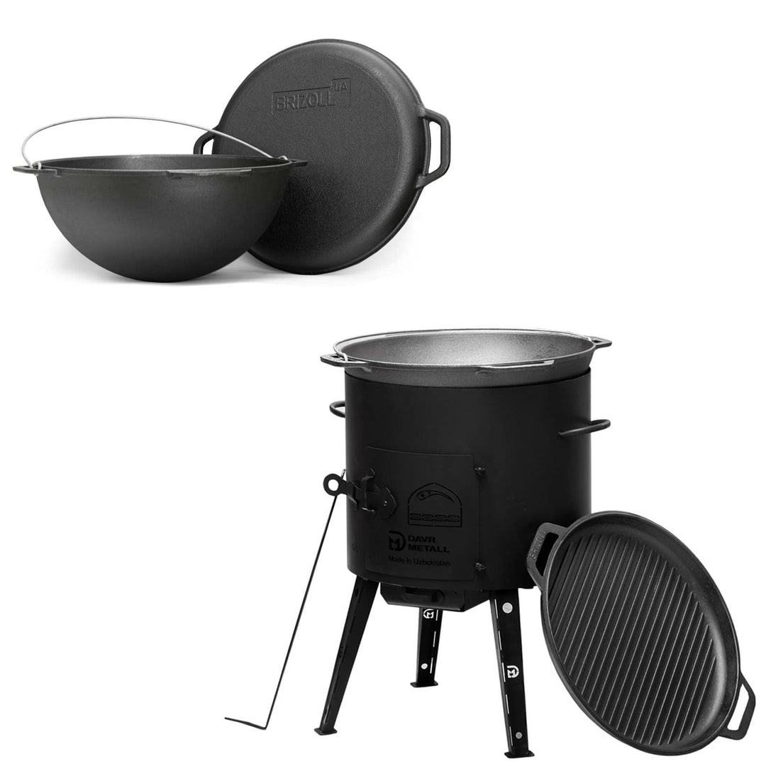 15L Kazan mit Ø40 Uchag Utschak Utschag 2mm stahl Kessel mit Deckel-Grillpfanne aus Gusseisen Kasan