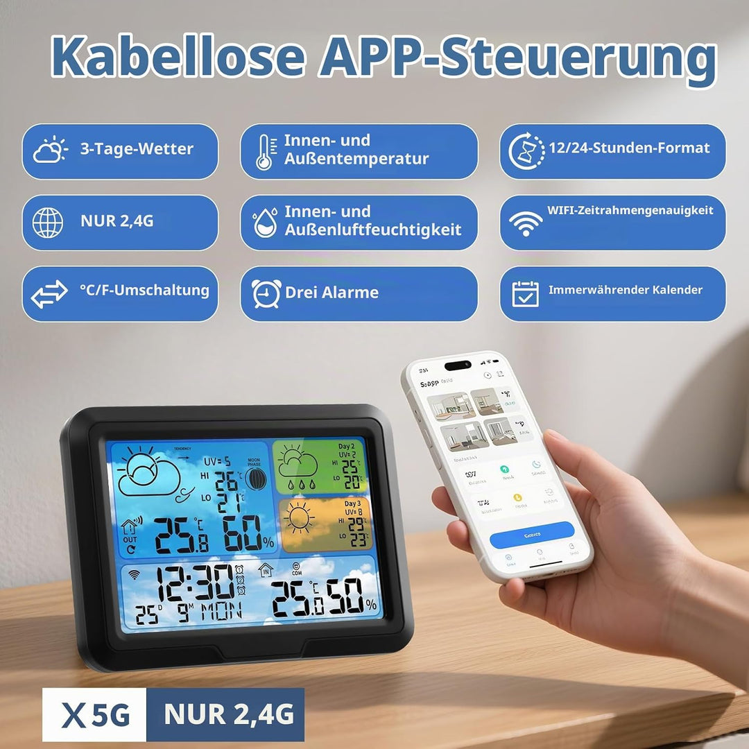 Wetterstation Wlan,Mit Aussensensor &amp; Wettervorhersage,Mit App Tuya Und Smartlife,Batteriebetrieb Un