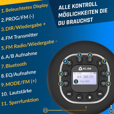 KLIM Journey + Tragbarer CD-Player Walkman mit langlebigem Akku + NEU 2024 + Mit Kopfhörern + Radio