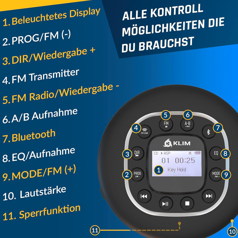 KLIM Journey + Tragbarer CD-Player Walkman mit langlebigem Akku + NEU 2024 + Mit Kopfhörern + Radio