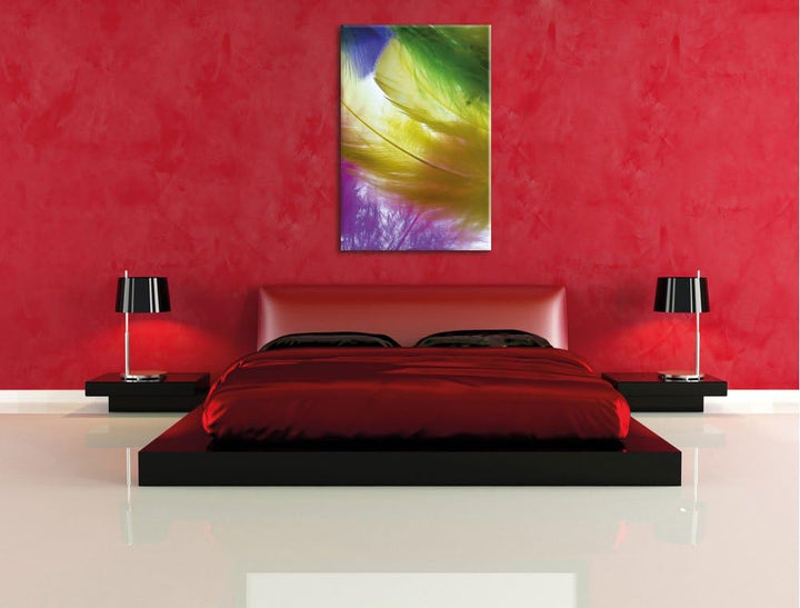 Pixxprint Bunte Federn, Format: 100x70 auf Leinwand, XXL riesige Bilder fertig gerahmt mit Keilrahme