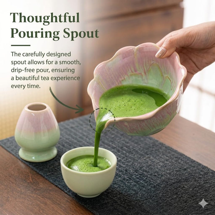 Matcha Set 5-teilig, Matcha Schale mit Ausgiesser in Blumenform Grün Rosa, Chasen, Bambusbesen, Chas