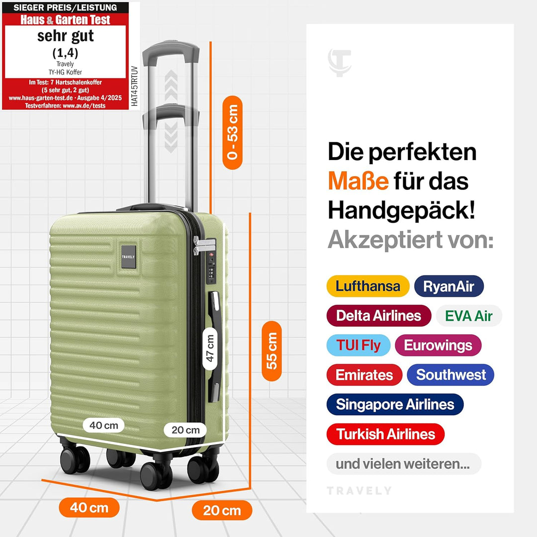 Travely Premium Handgepäck Koffer 55x40x20cm - passend für Ryanair, Lufthansa, Eurowings und co. I 3