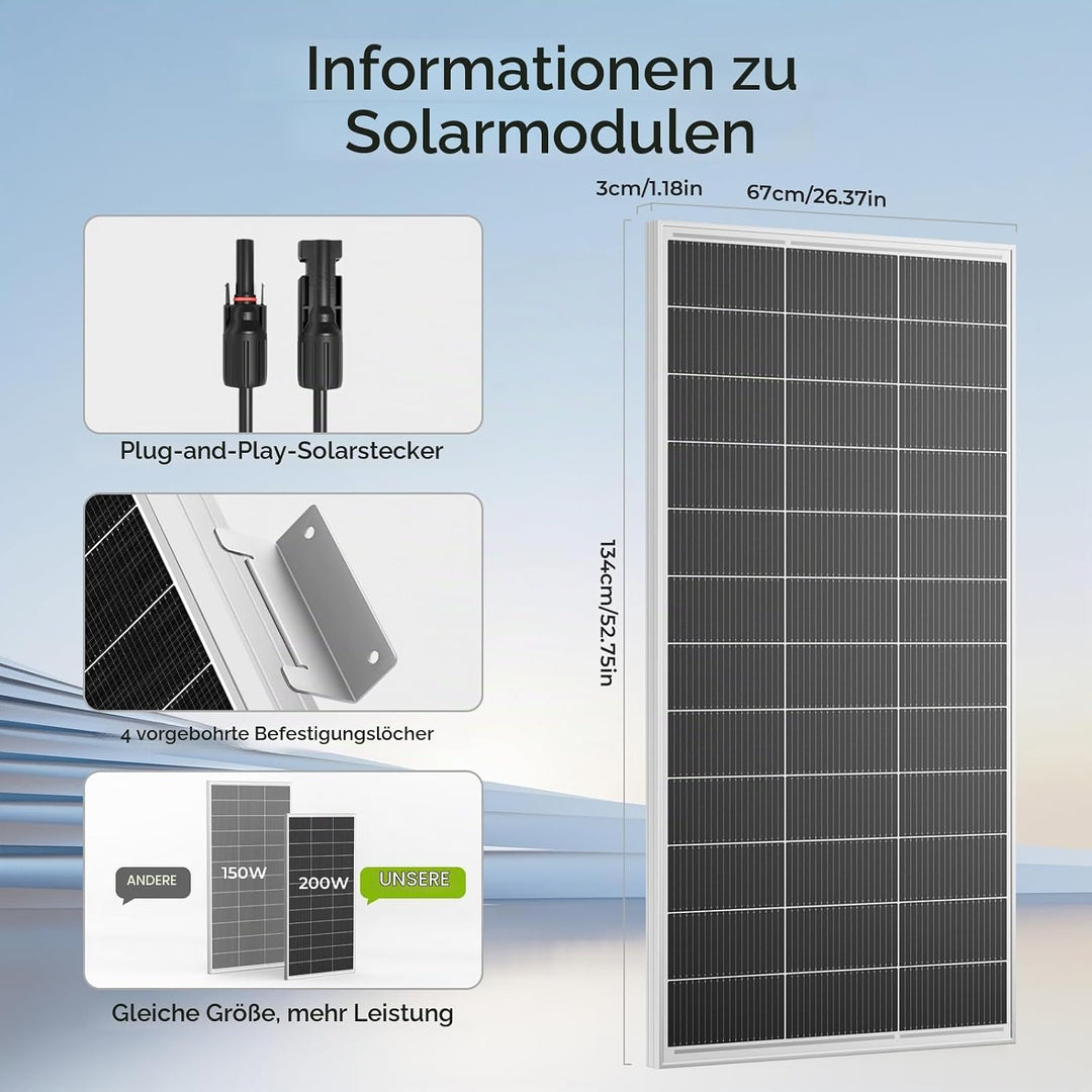 200Watt Solarpanel, N-Type 12 V 200 W Solarmodul,Hocheffiziente Monokristalline PV-Module, IP68-Wass
