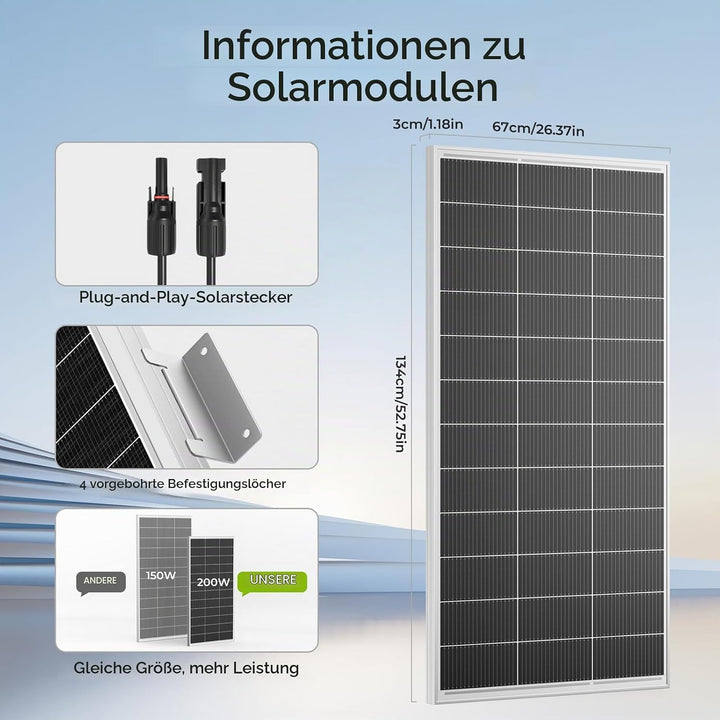 200Watt Solarpanel, N-Type 12 V 200 W Solarmodul,Hocheffiziente Monokristalline PV-Module, IP68-Wass