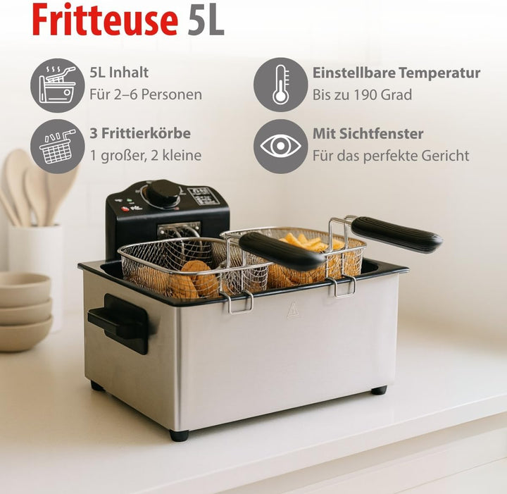 alpina Fritteuse - 3 Körbe - 5 Liter - 2000 Watt - Thermostat bis 190 °C - Anti-Heizung - Edelstahl