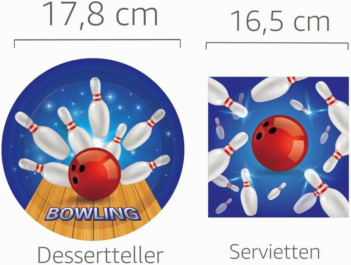 Bowling-Partyzubehör Set - Teller und Servietten für 24 Gäste, 64 Stück, Sportthemen-Pappteller und