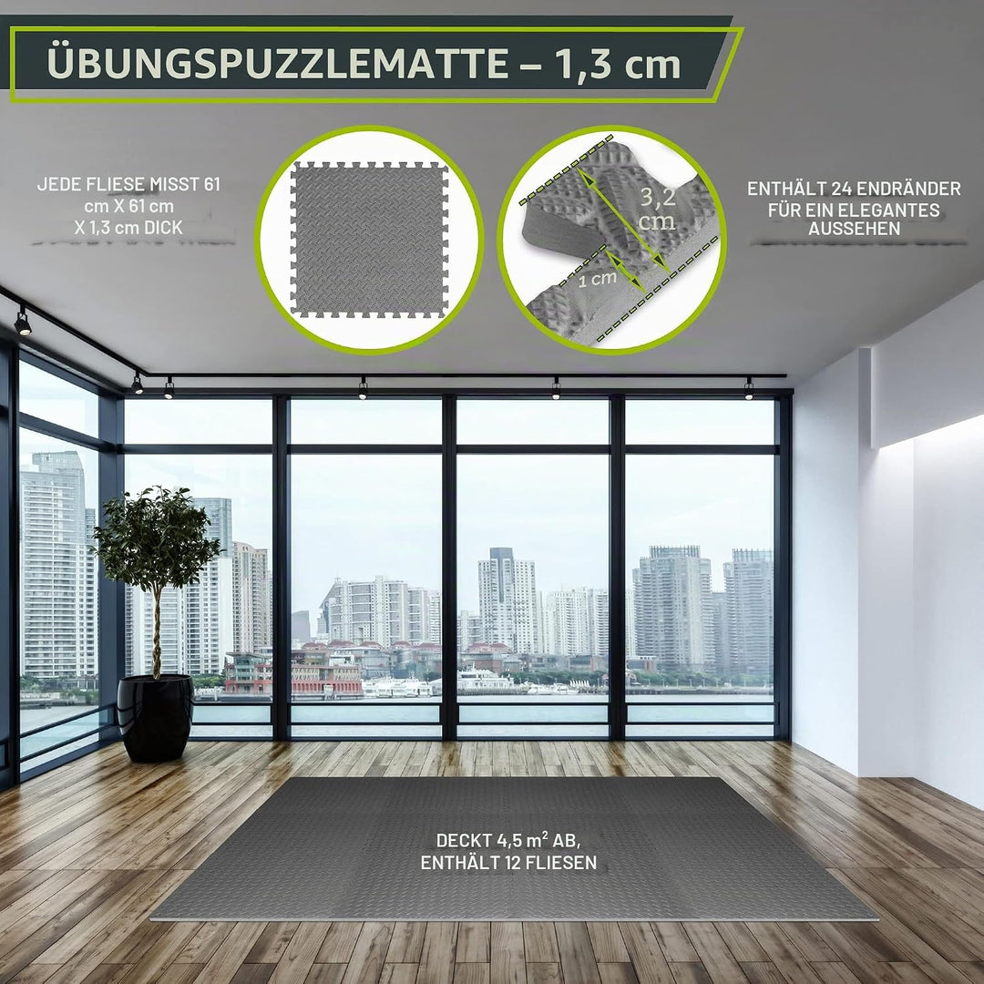 ProsourceFit Puzzlematte 1,2 cm dick – 4,4 m² - 12 Ineinandergreifende Eva Bodenschutzmatten – Boden