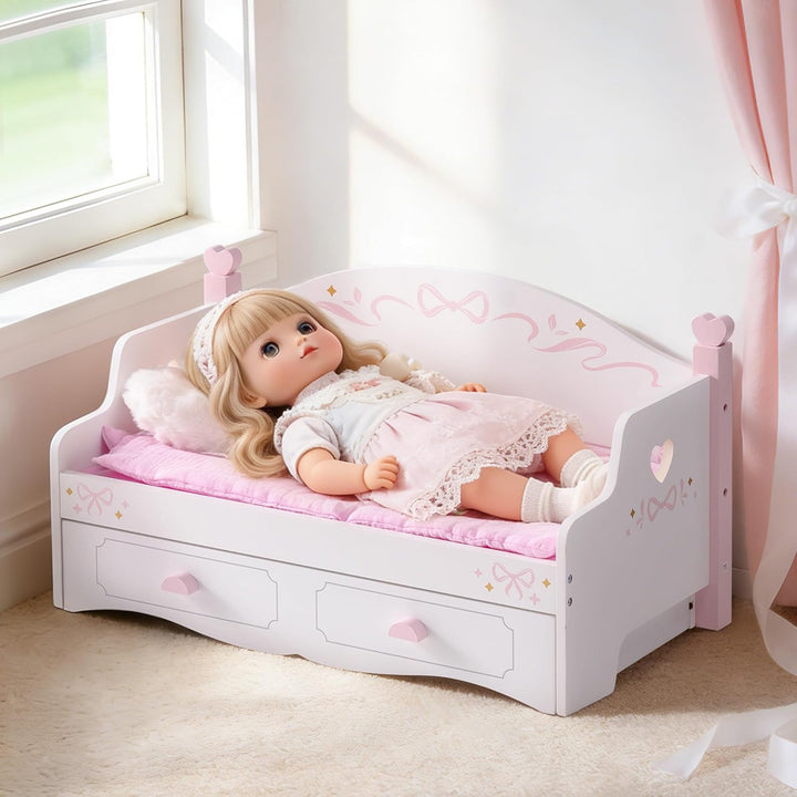 ROBUD Puppenbett & Sofa-Set für 45 cm grosse Puppen, 2-in-1 Puppen-Etagenbett Holz mit Matratze, Dec