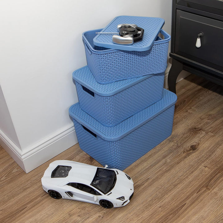 BranQ - Home essential Korb mit Deckel in Rattan Design 2er Set Grösse M 10 l, BPA-frei Kunststoff P