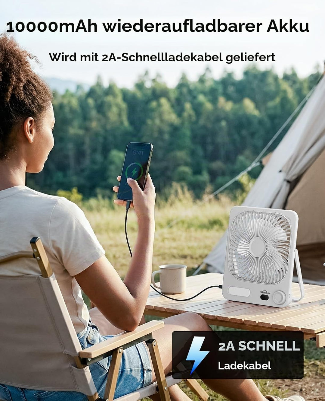 Akku Ventilator: 10000mAh 40H Tischventilator Leise mit 100 Stufen, 15s Auto-Aus LED Display, Reinig