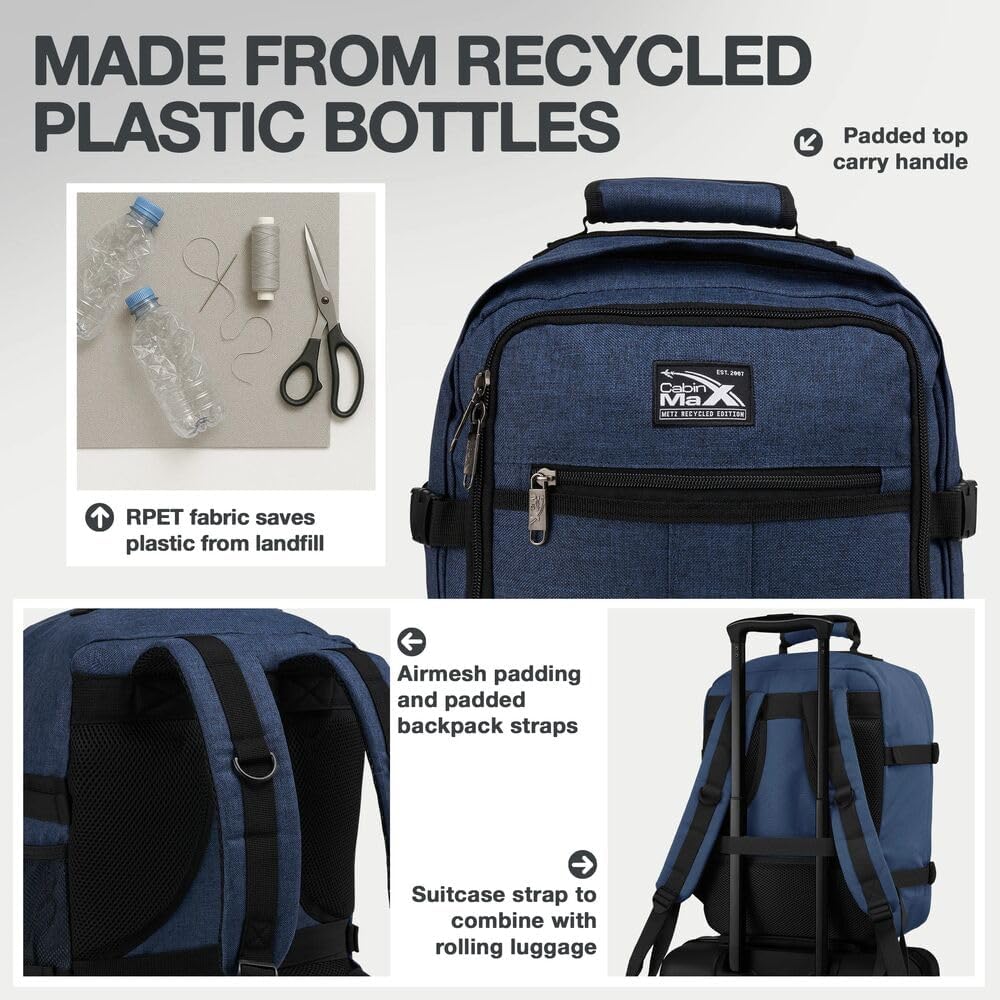 Cabin Max Metz - 40x30x20 Rucksack Ideales WIzzair Handgepäck und Reiserucksack für Flugzeug, Reiset