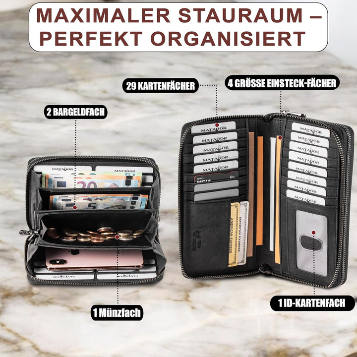 MATADOR Geldbörse Damen XXL Gross Leder Geldbeutel Doppelter Reissverschluss TÜV Geprüfter RFID & NF