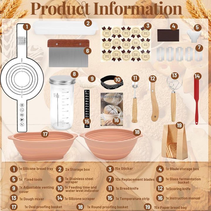 IIRC Sauerteig Starter Set mit Gärkorb Brot – Silikon Gärkörbchen(28,8cm Ovale und 25,8cm Runde) & Z
