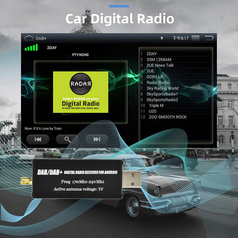 Podofo DAB/DAB+ Dongle USB Adapter mit Autoscheibenantenne, Universal für Android Autoradio Player,