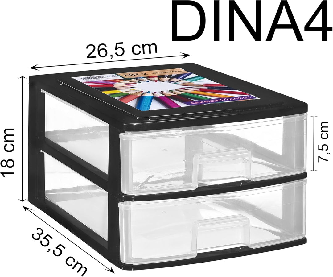 Schubladenbox DIN A4 mit 2 Schubladen 35,5x26,5x18 cm - transparent Kunststoff Drawer Tower Box Orga