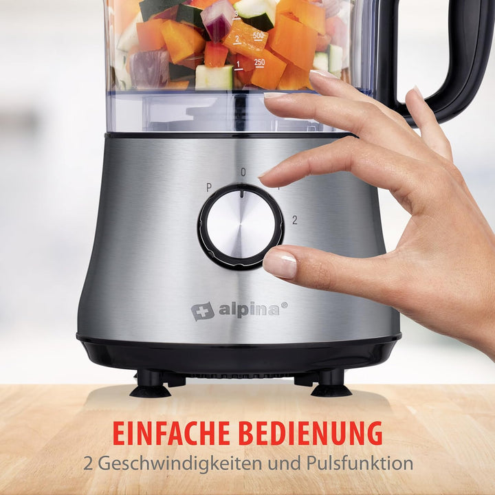 alpina 3-in-1 Küchenmaschine - 1L - 600W - Food Processor - 2 Geschwindigkeiten - Hacken, Schneiden