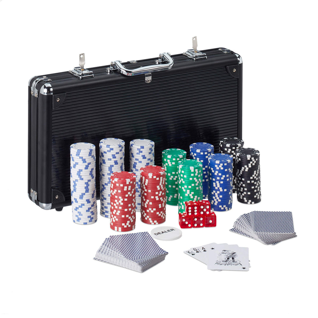 Relaxdays Pokerkoffer, 300 Pokerchips ohne Wert, 2 Kartendecks, 5 Würfel, Dealerbutton, abschliessba