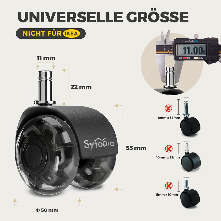 Sytopia Bürostuhl Rollen, 5er Set Rollen für Bürostühle, 11x22mm Hartbodenrollen für Bürostuhl Stuhl