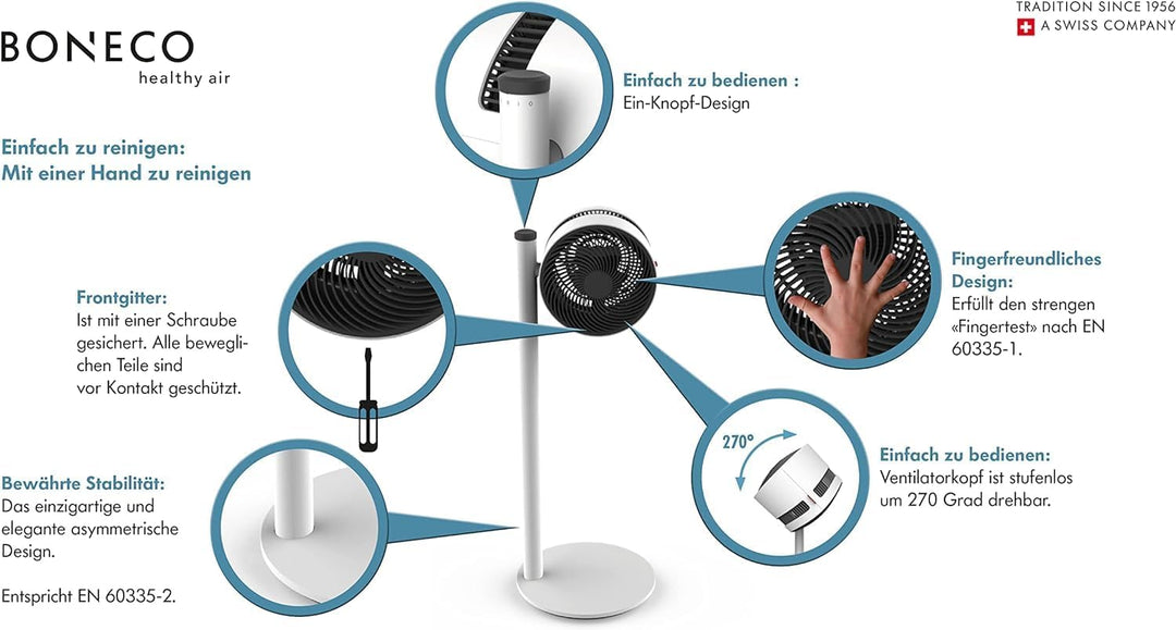 BONECO Ventilator F235 I Standventilator I höhenverstellbar bis 121cm I 32 Leistungsstufen I App-Ste