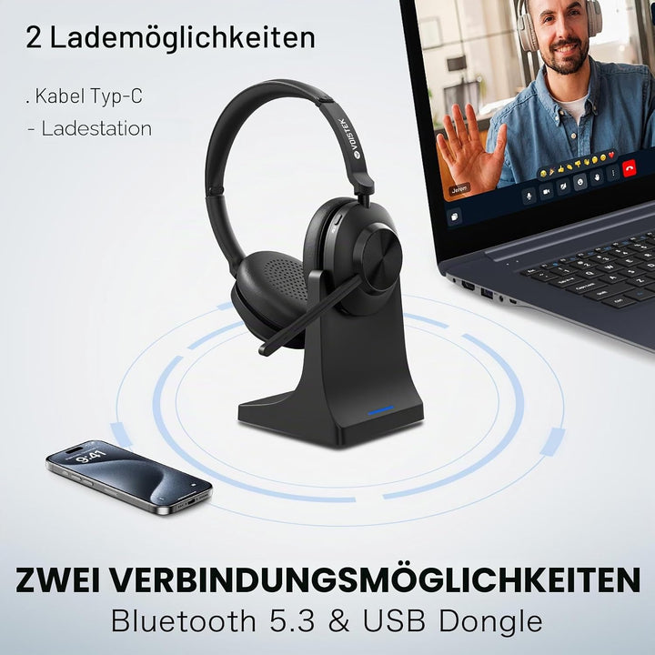 Voistek Headset mit Mikrofon Bluetooth &amp; USB Dongle, 50Std. Akku, On Ear Wireless Headset mit Mikrof